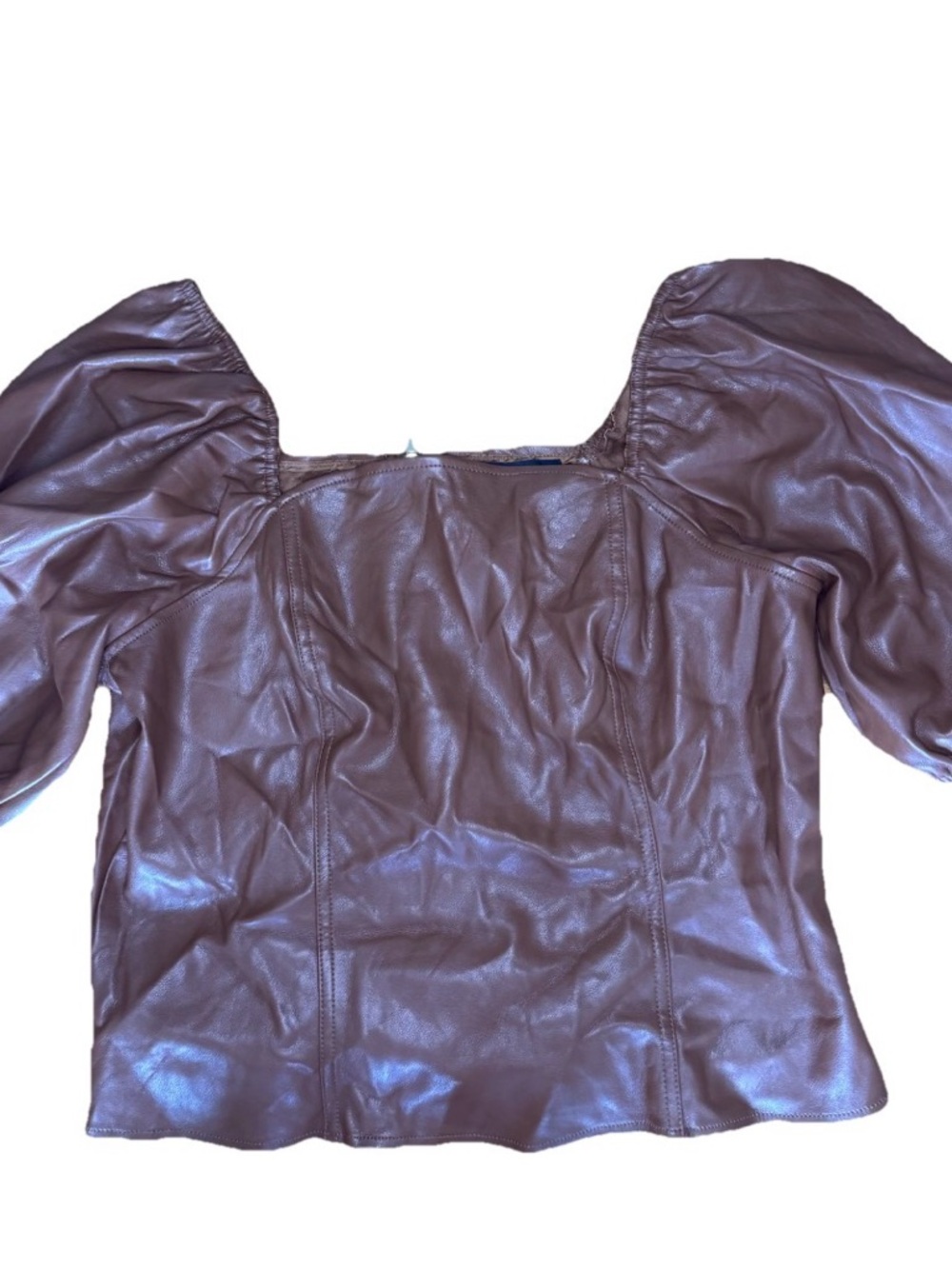 Square Neck Puff Sleeve Faux Leather Top in Brown